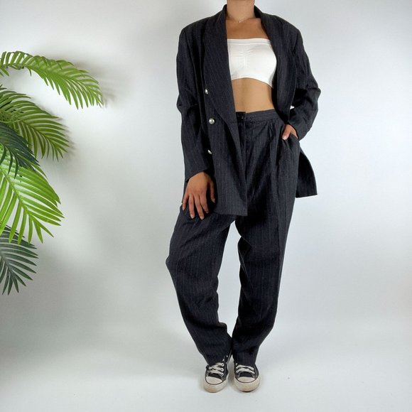 Dani Max Pants - Vintage 90s Grunge Gray Pin Stripe Preppy Oversized 2 Piece Pantsuit / Size: 14